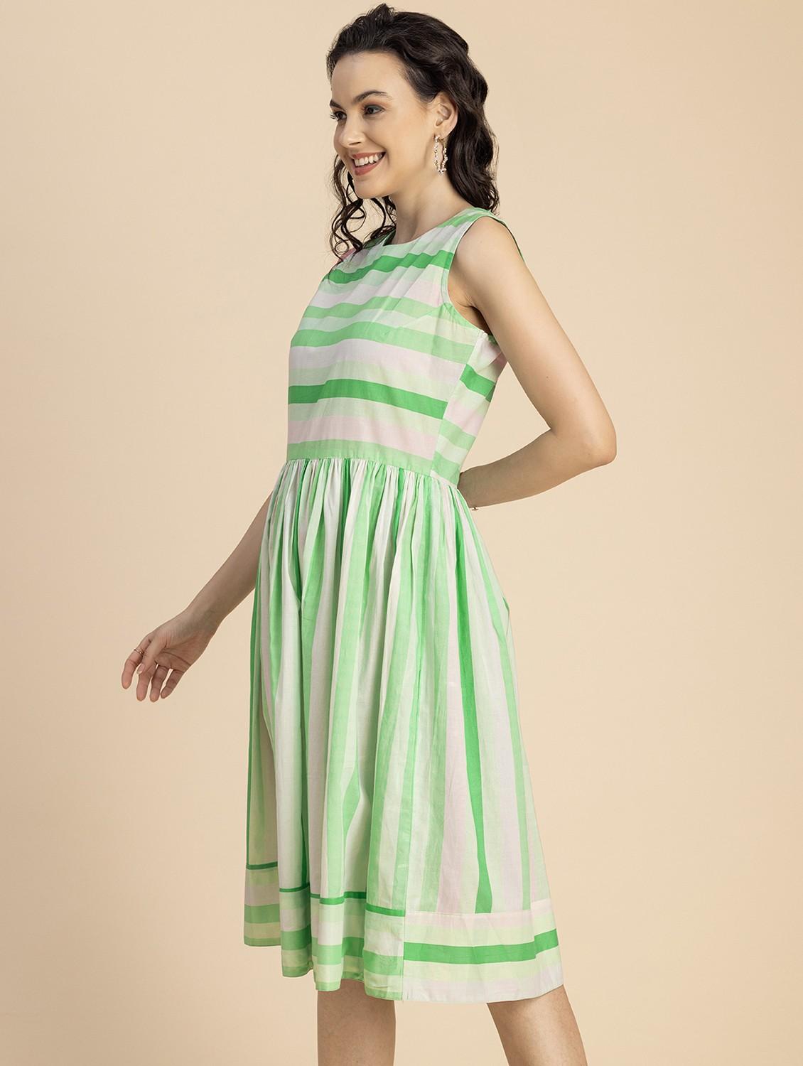 women green stripes fit & flare dress - 20825787 - Standard Image - 1