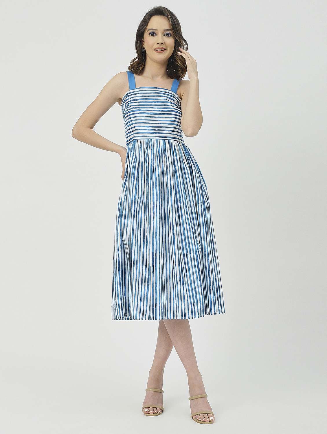 women blue stripes fit & flare dress