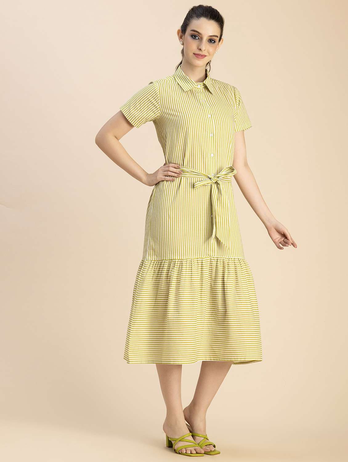 women yellow stripes a-line dress - 20825794 -  Standard Image - 1