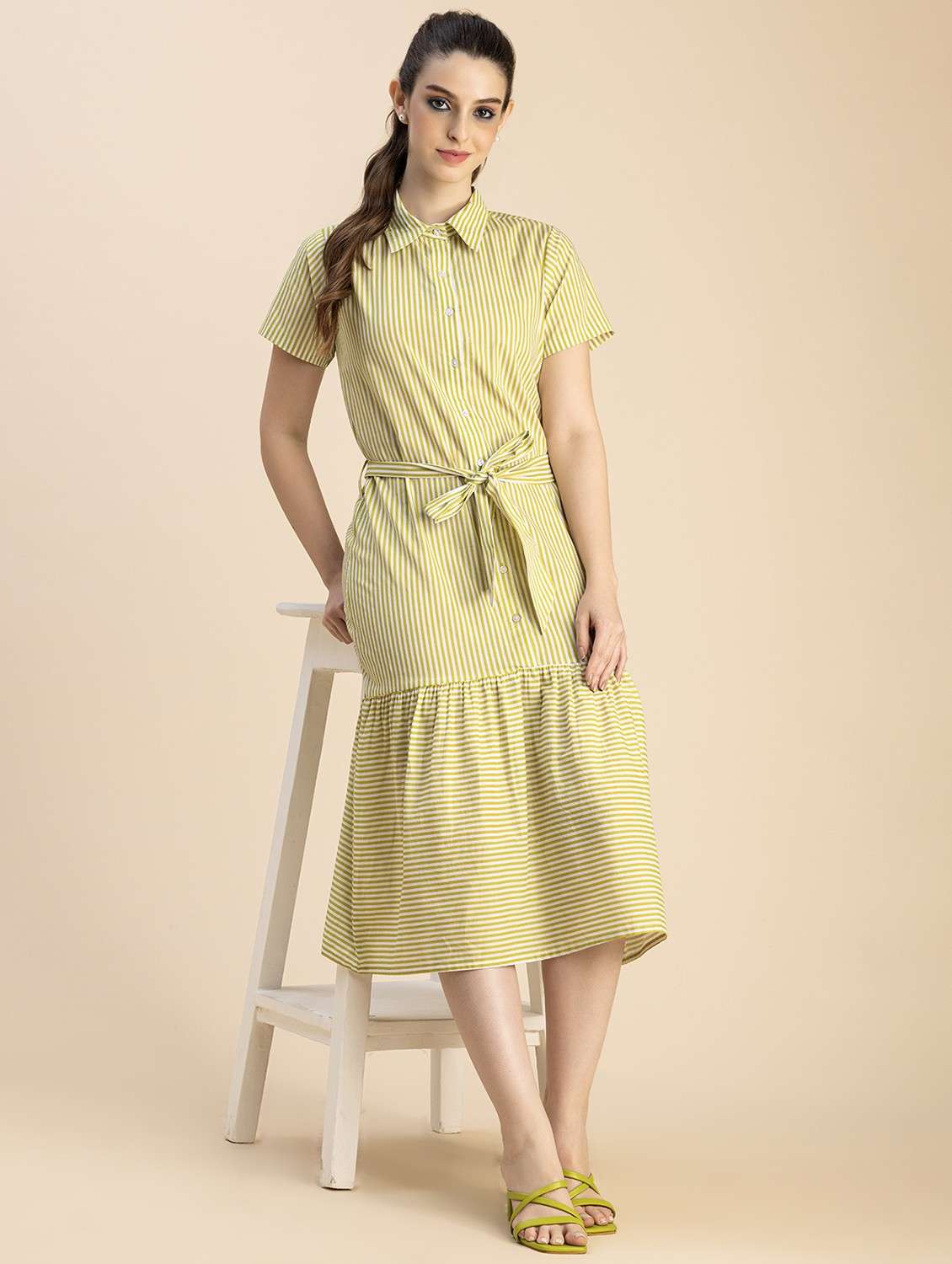 women yellow stripes a-line dress - 20825794 -  Standard Image - 4