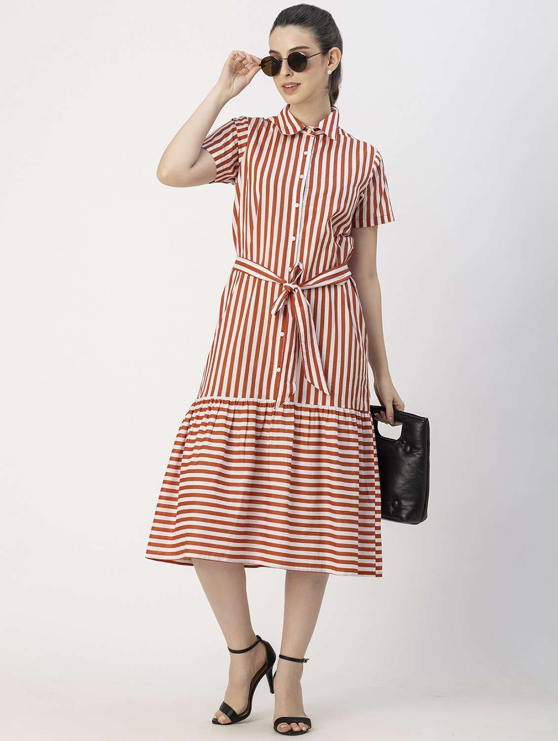 rust & white striped button detailed midi dress - 20825795 -  Standard Image - 1