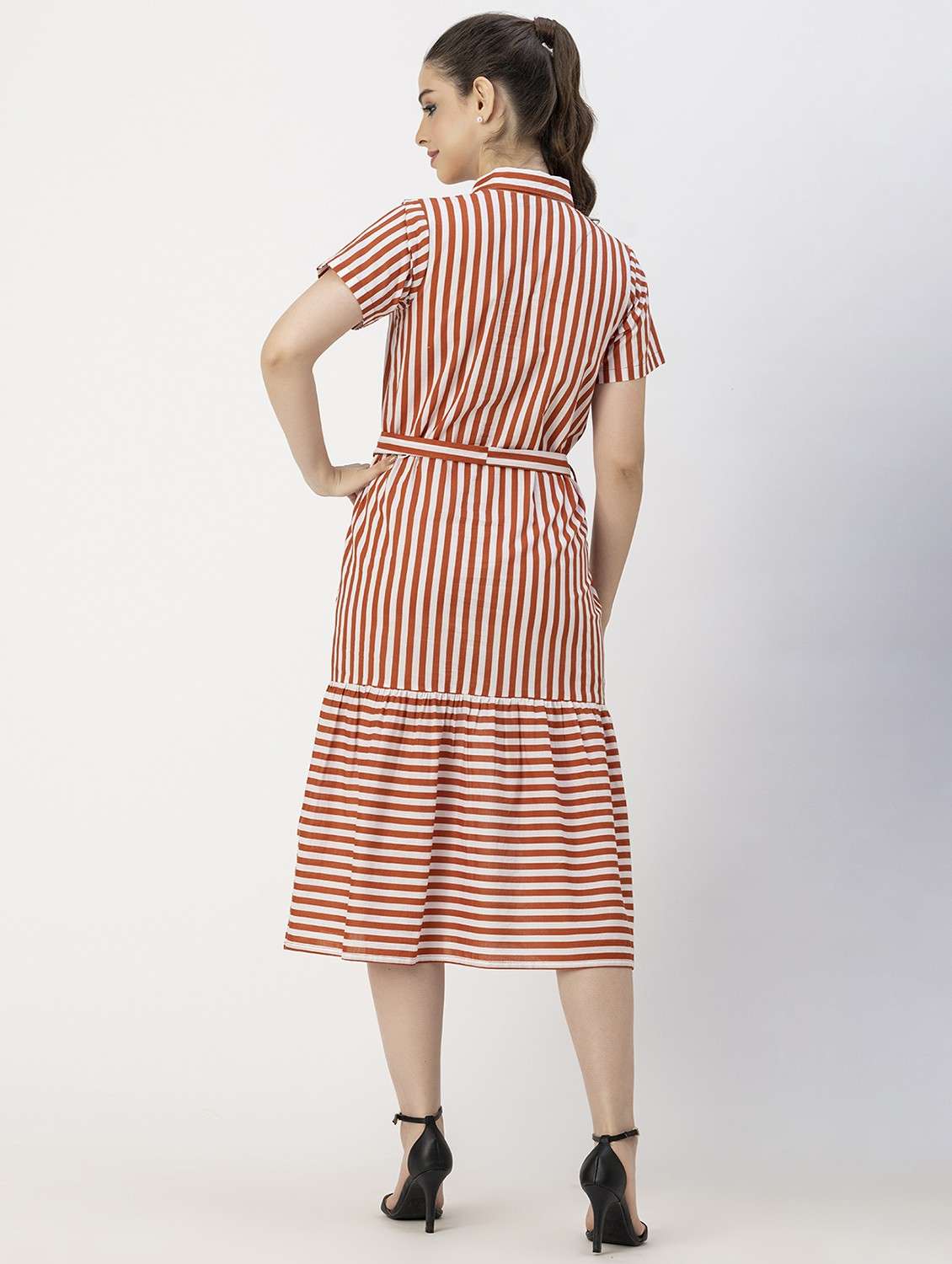rust & white striped button detailed midi dress - 20825795 -  Standard Image - 4