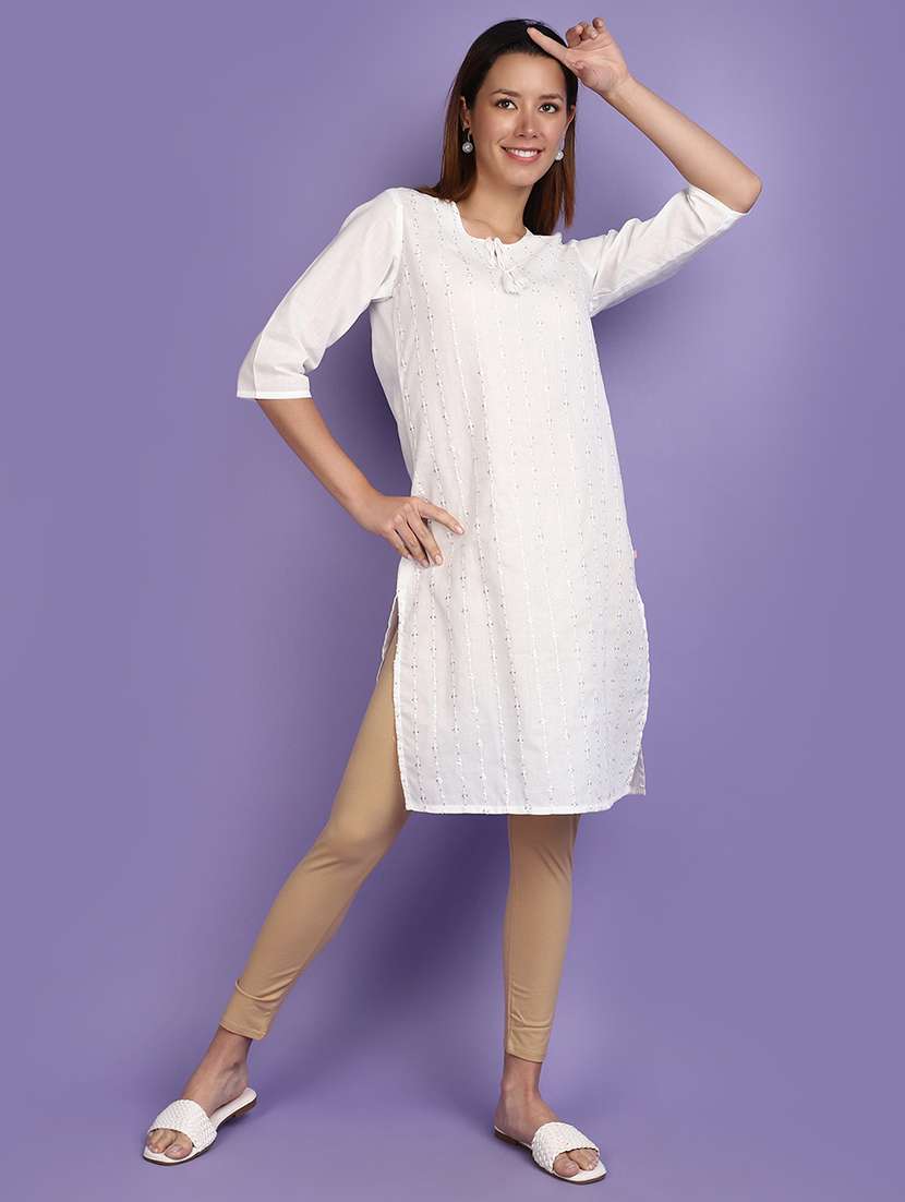 women white tie-up neck straight kurta