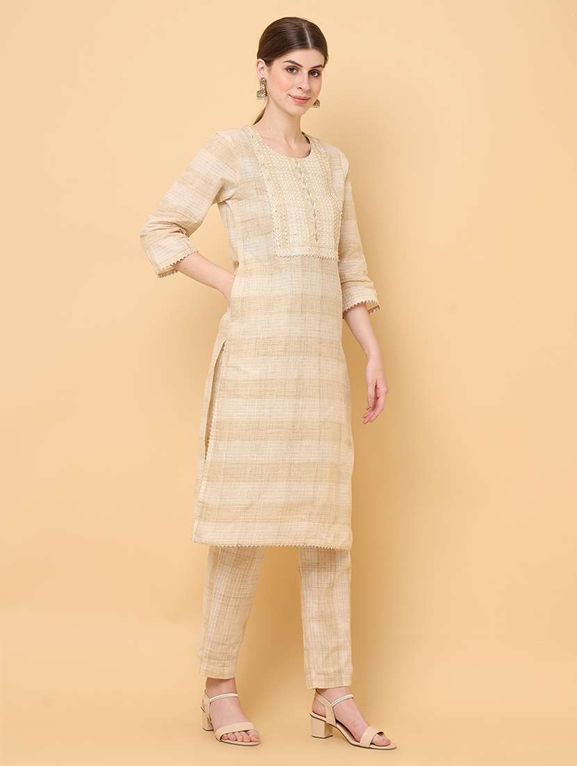 women beige round neck kurta pant set - 20826564 -  Standard Image - 1
