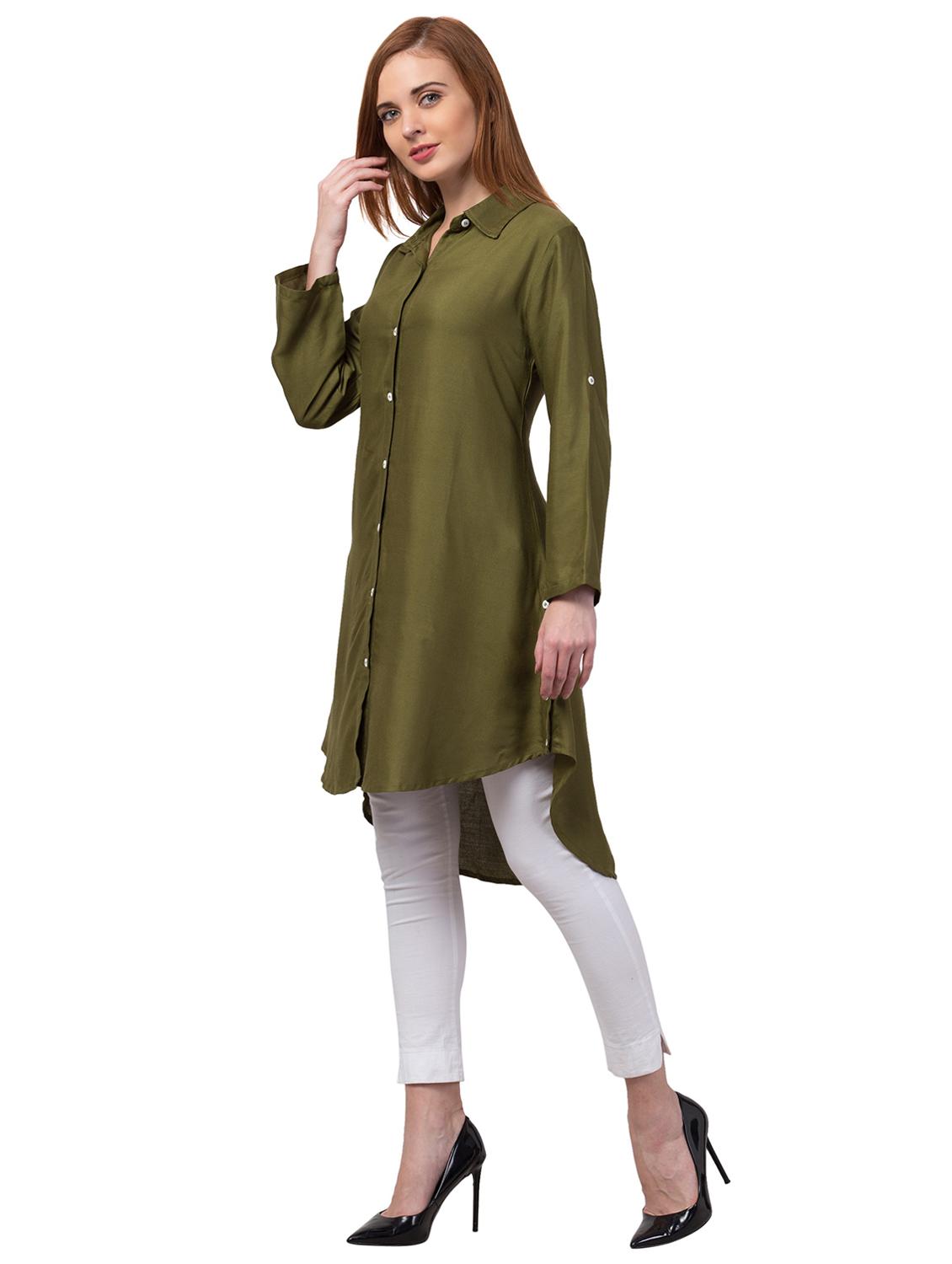 women green solid shirt collar high-low kurti - 20826914 - Standard Image - 1
