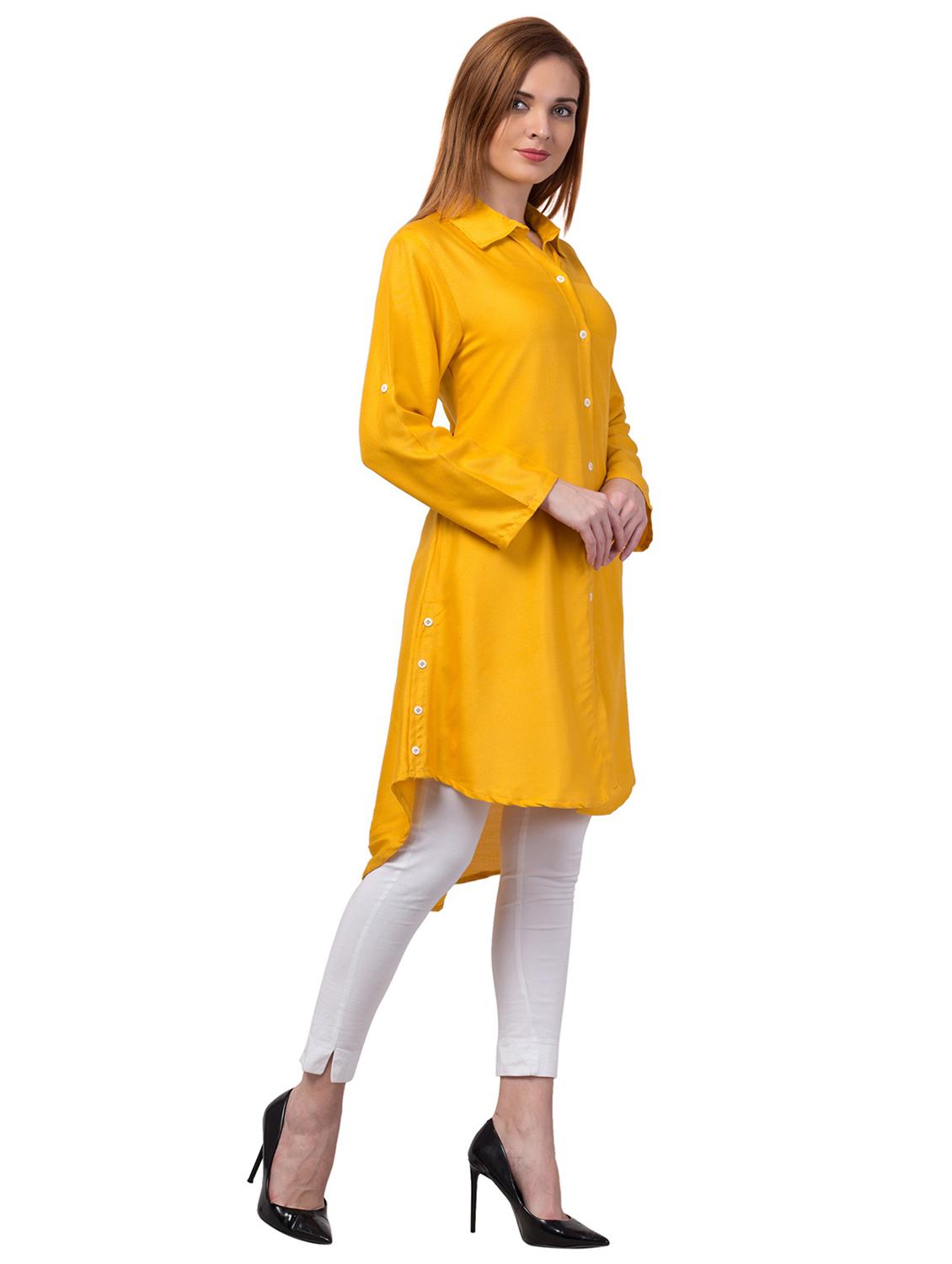 women yellow solid shirt collar high-low kurti - 20826915 - Standard Image - 1