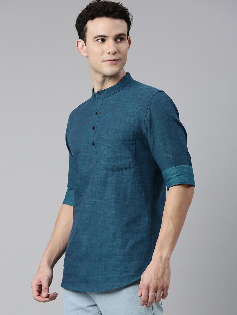 teal mandarin neck short kurta - 20827401 - Standard Image - 1