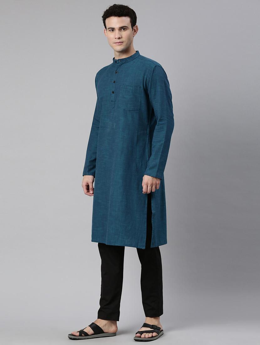 teal mandarin neck long kurta - 20827413 - Standard Image - 1