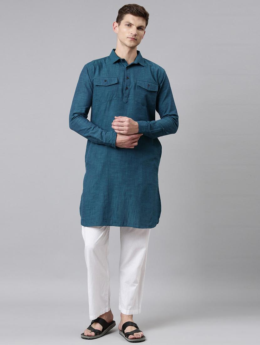 teal shirt collar paithani kurta - 20827423 - Standard Image - 1