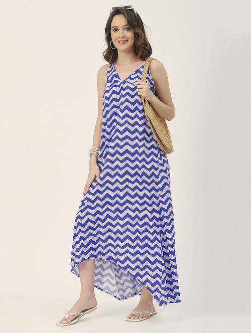 women blue chevron printed high low dress - 20827657 - Standard Image - 0