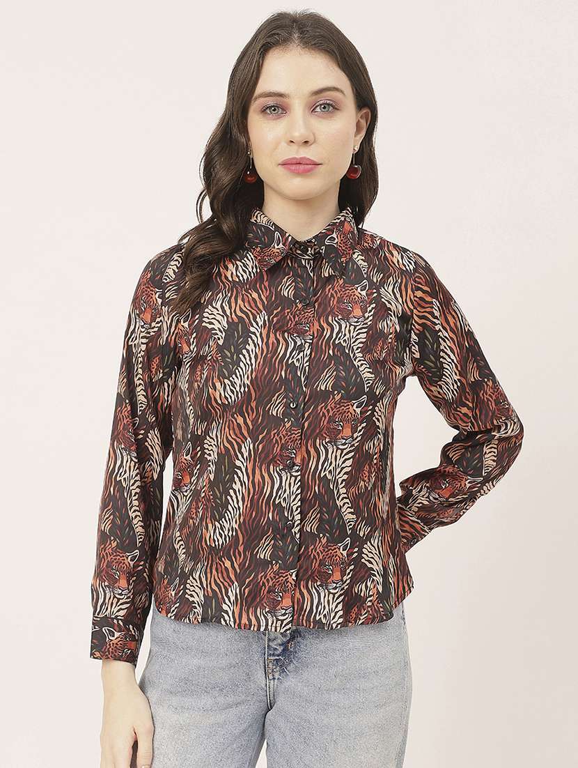 brown satin animal print shirt
