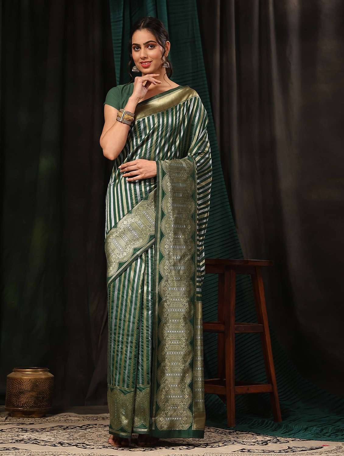 women green self design banarasi saree with blouse