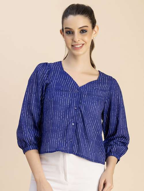 navy blue self design striped top - 20827737 - Standard Image - 0