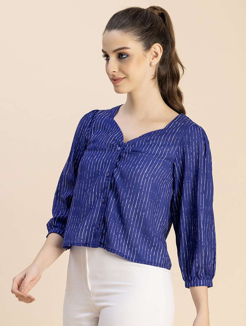 navy blue self design striped top - 20827737 - Standard Image - 1