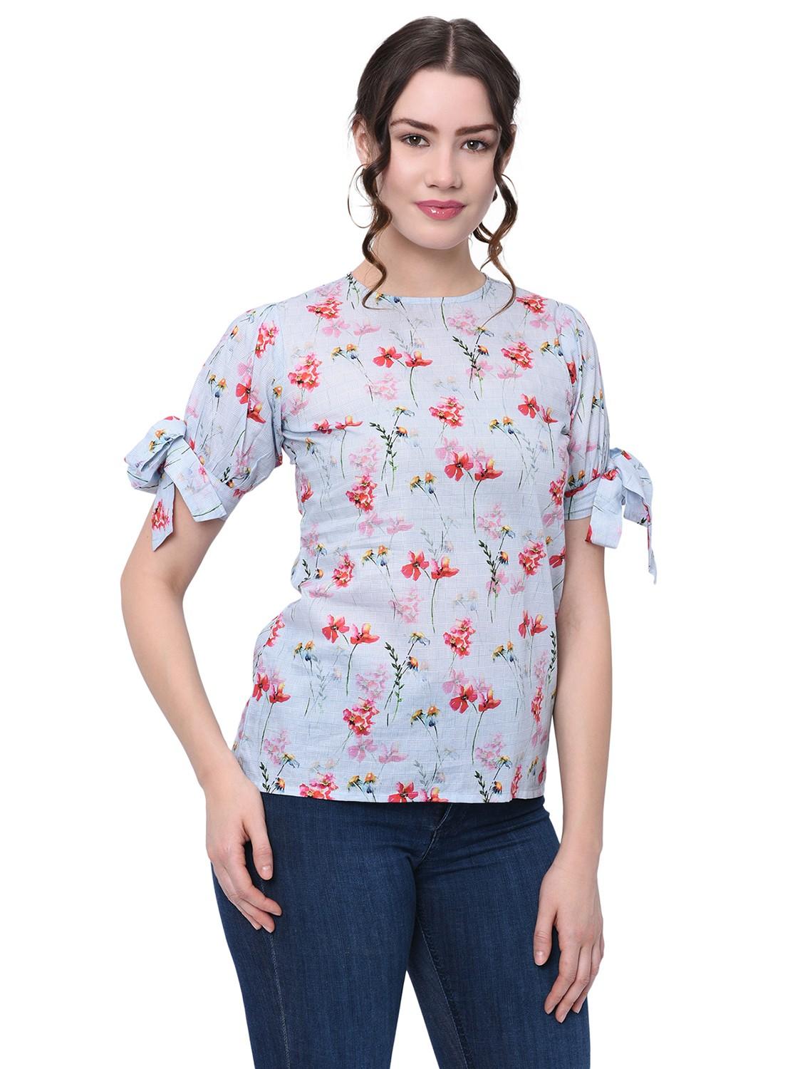 light blue floral print crepe regular top - 20829342 - Standard Image - 1