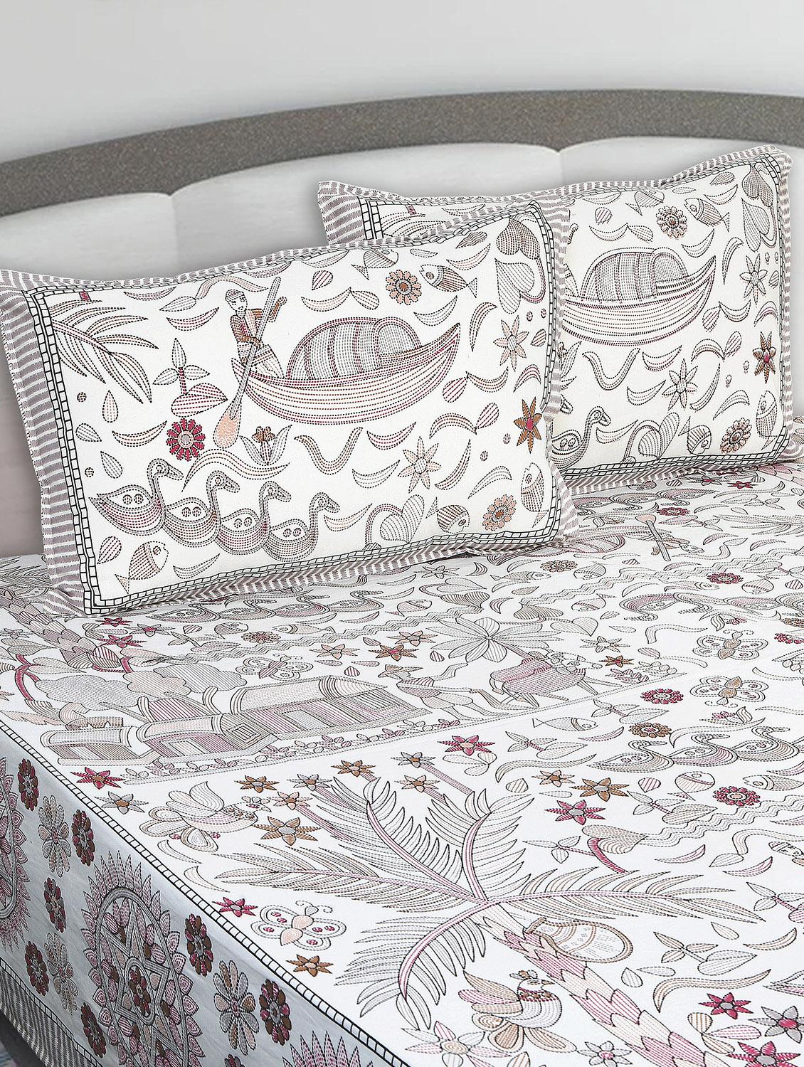 texstylers cotton printed kantha pattern traditional jaipuri queen size bedsheet with 2 pillow covers - 20829786 - Standard Image - 1