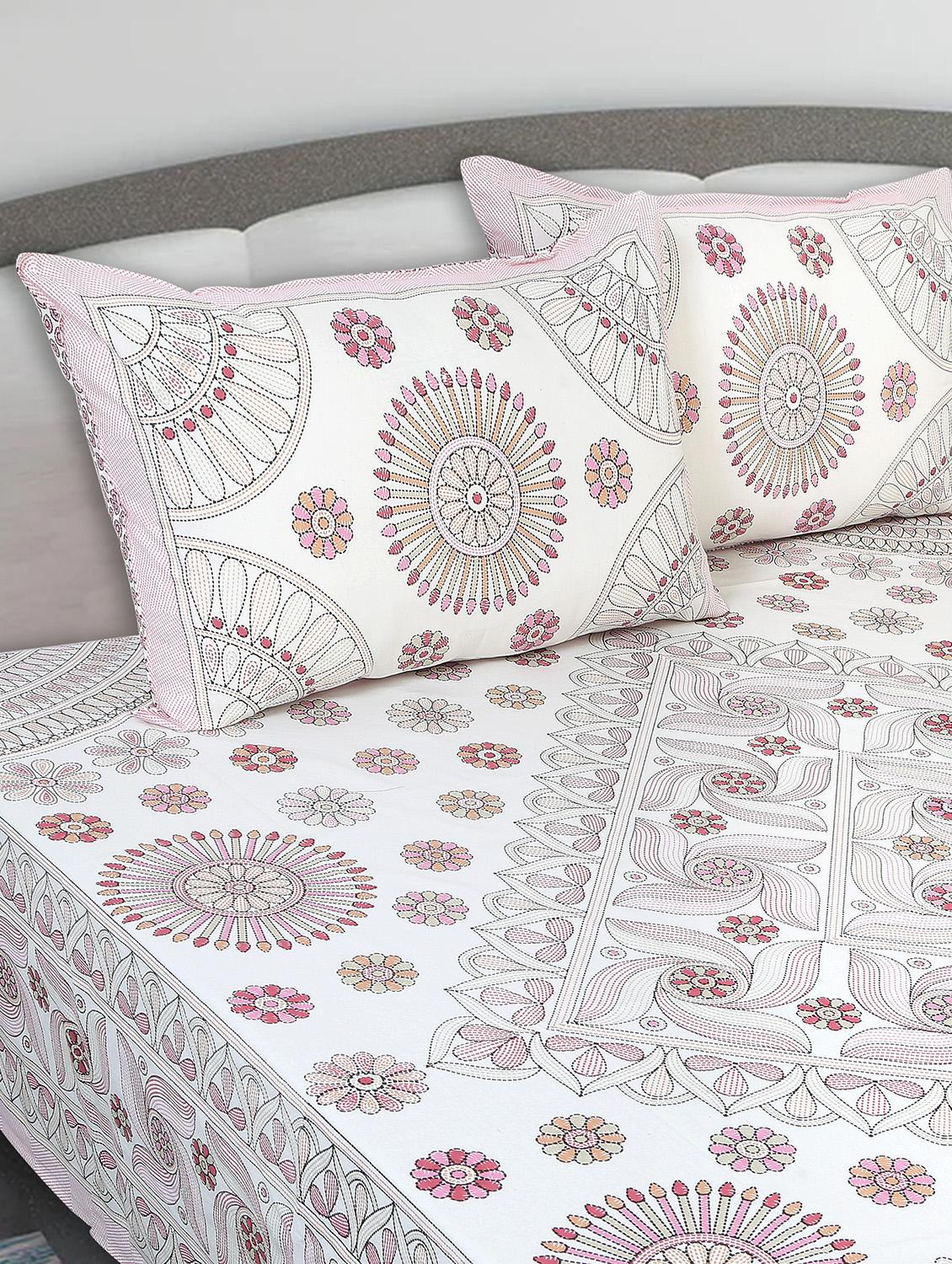 texstylers cotton printed kantha pattern traditional jaipuri queen size bedsheet with 2 pillow covers - 20829790 - Standard Image - 1