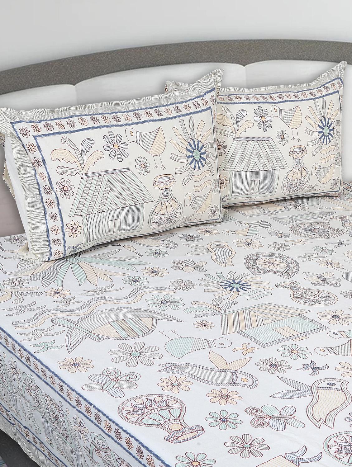 texstylers cotton printed kantha pattern traditional jaipuri queen size bedsheet with 2 pillow covers - 20829795 - Standard Image - 1