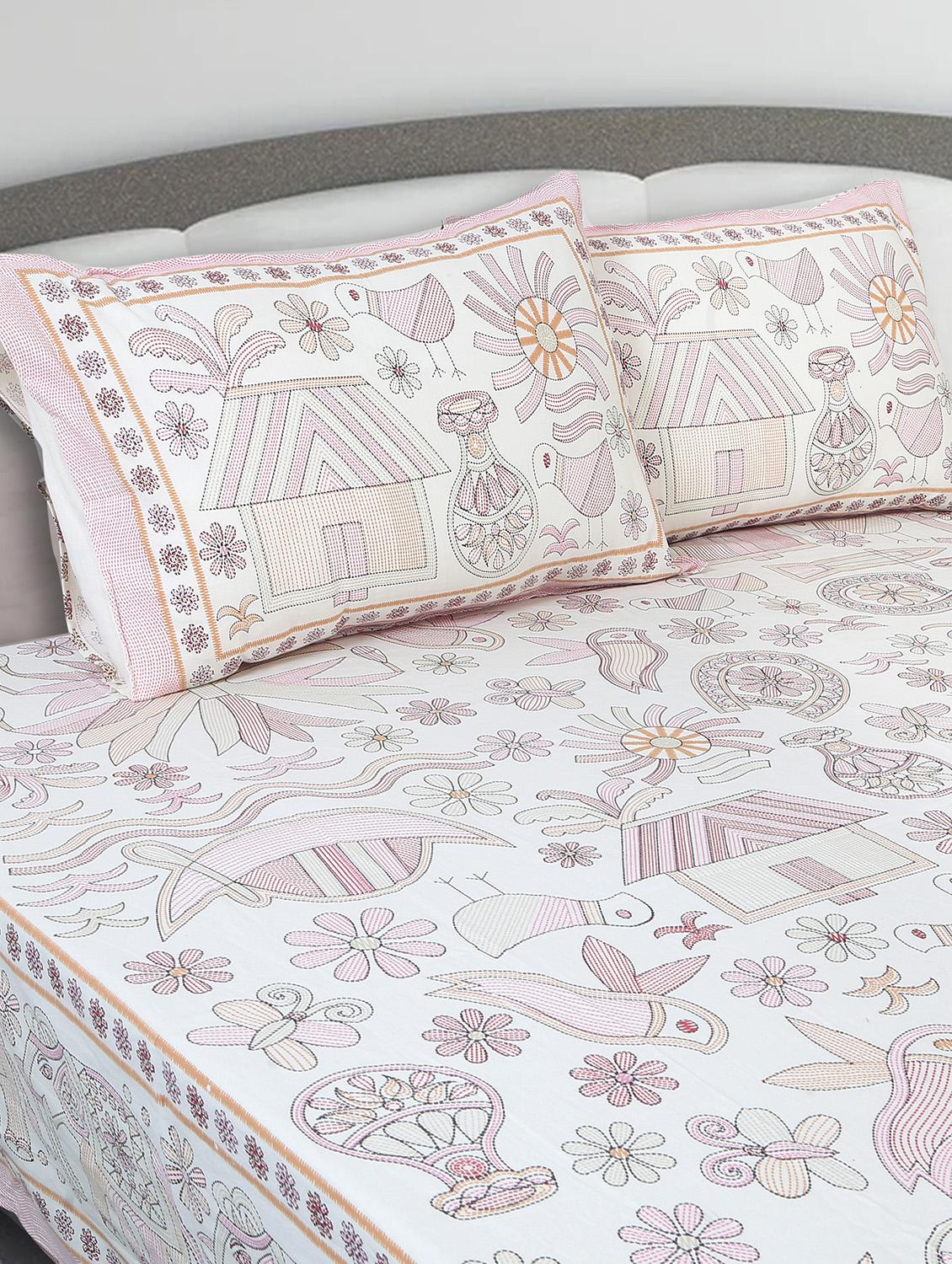 texstylers cotton printed kantha pattern traditional jaipuri queen size bedsheet with 2 pillow covers - 20829796 - Standard Image - 1