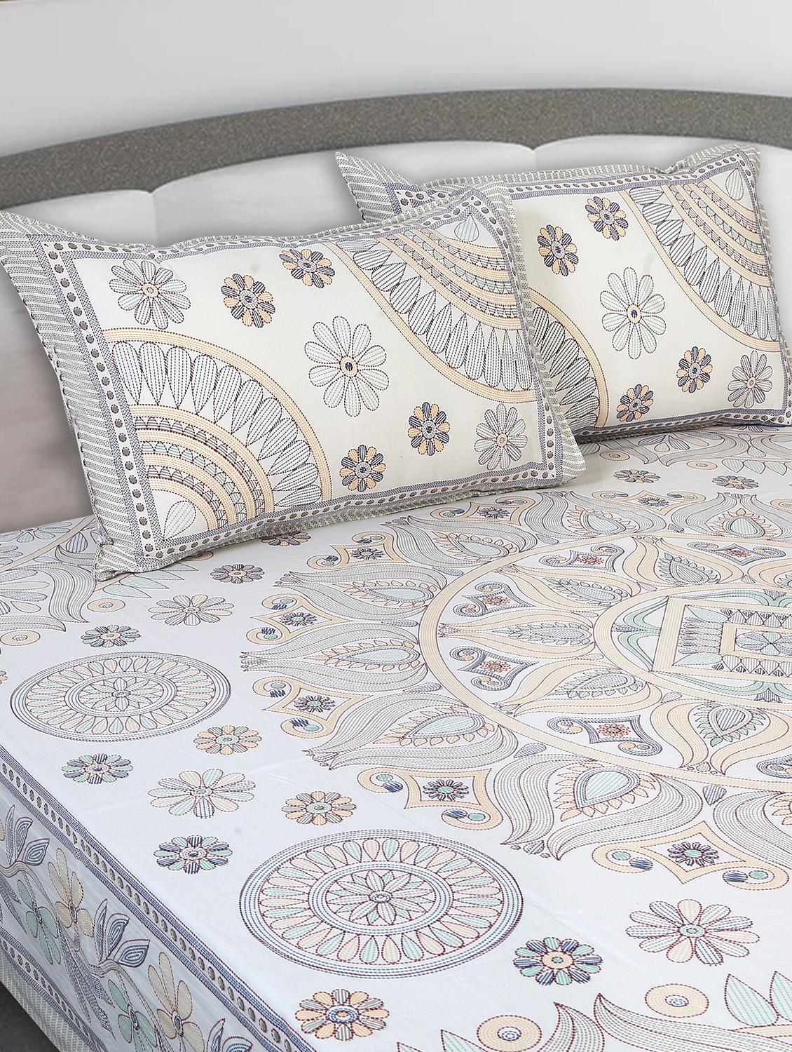 texstylers cotton printed kantha pattern traditional jaipuri queen size bedsheet with 2 pillow covers - 20829803 - Standard Image - 1