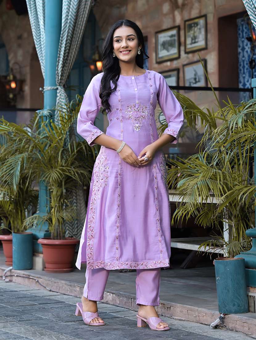 women lavender round neck kurta pant set with dupatta - 20829993 -  Standard Image - 1