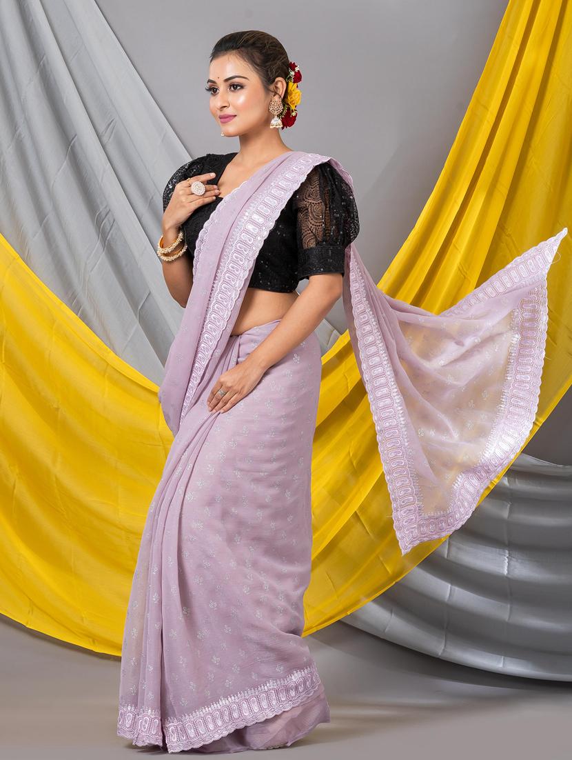 women solid with work bordered saree with blouse - 20830273 - Standard Image - 1