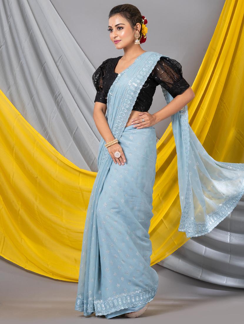 women solid with work bordered saree with blouse - 20830278 - Standard Image - 1
