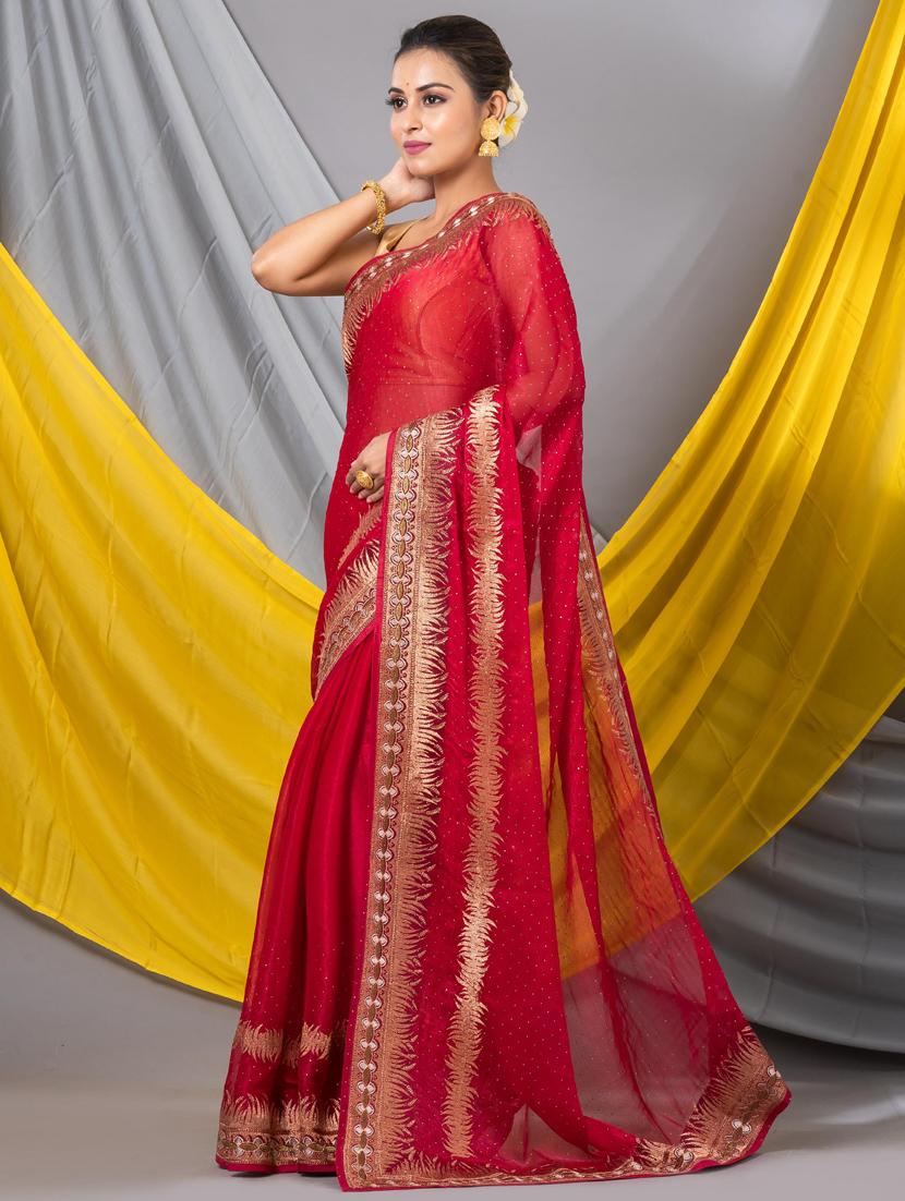 women solid with work bordered saree with blouse - 20830288 - Standard Image - 1