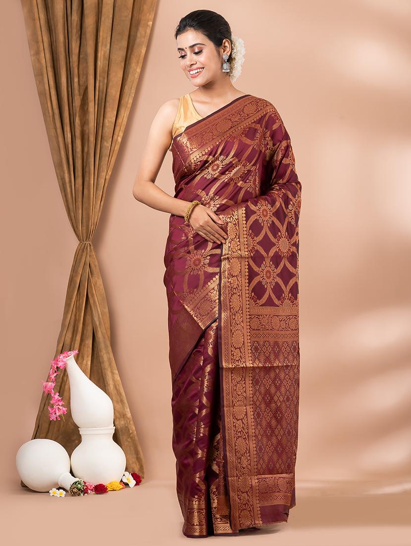 women maroon self design kanjivaram saree with blouse - 20830537 - Standard Image - 1