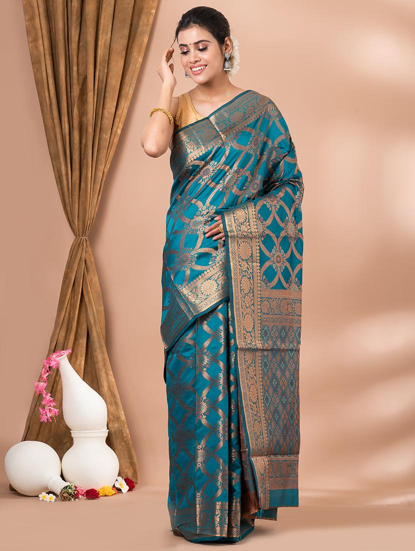turquoise self design banarasi saree with blouse - 20830539 - Standard Image - 1