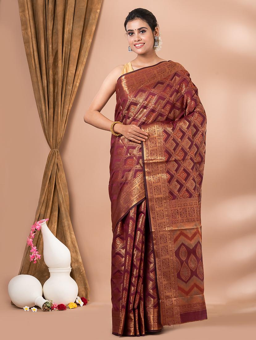 maroon self design banarasi saree with blouse - 20830548 - Standard Image - 1