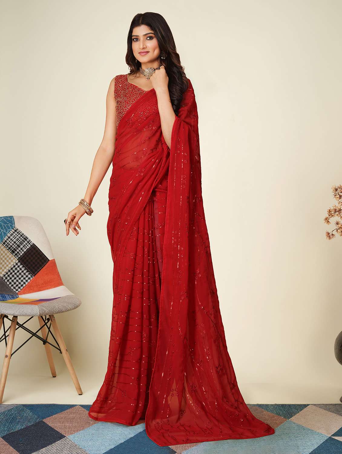women red embroidered sequin work saree with blouse