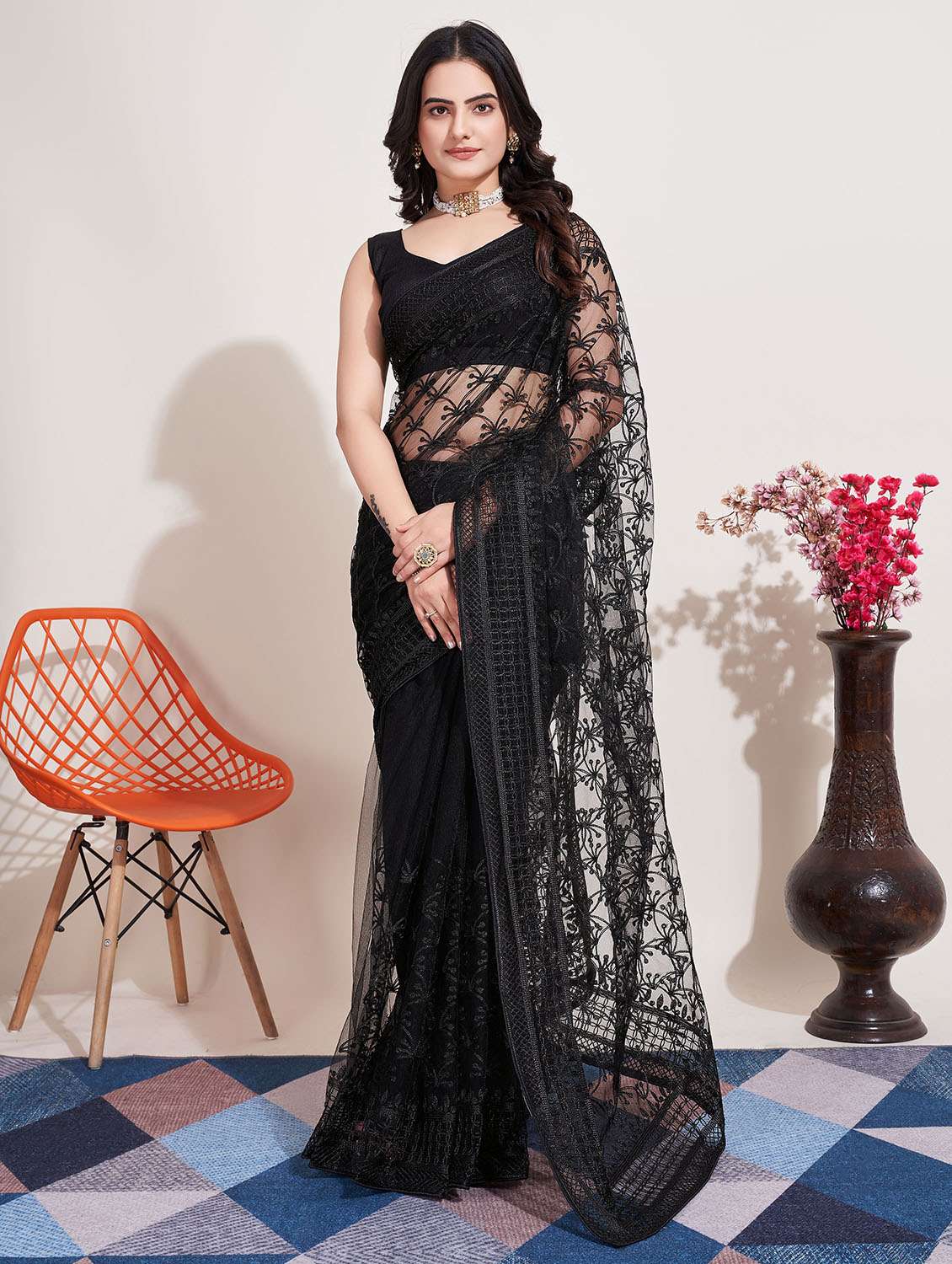 black net embroidered saree with blouse