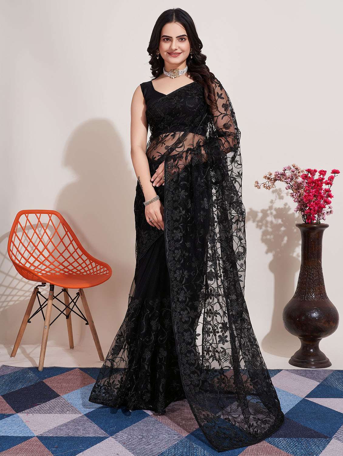 black net embroidered saree with blouse