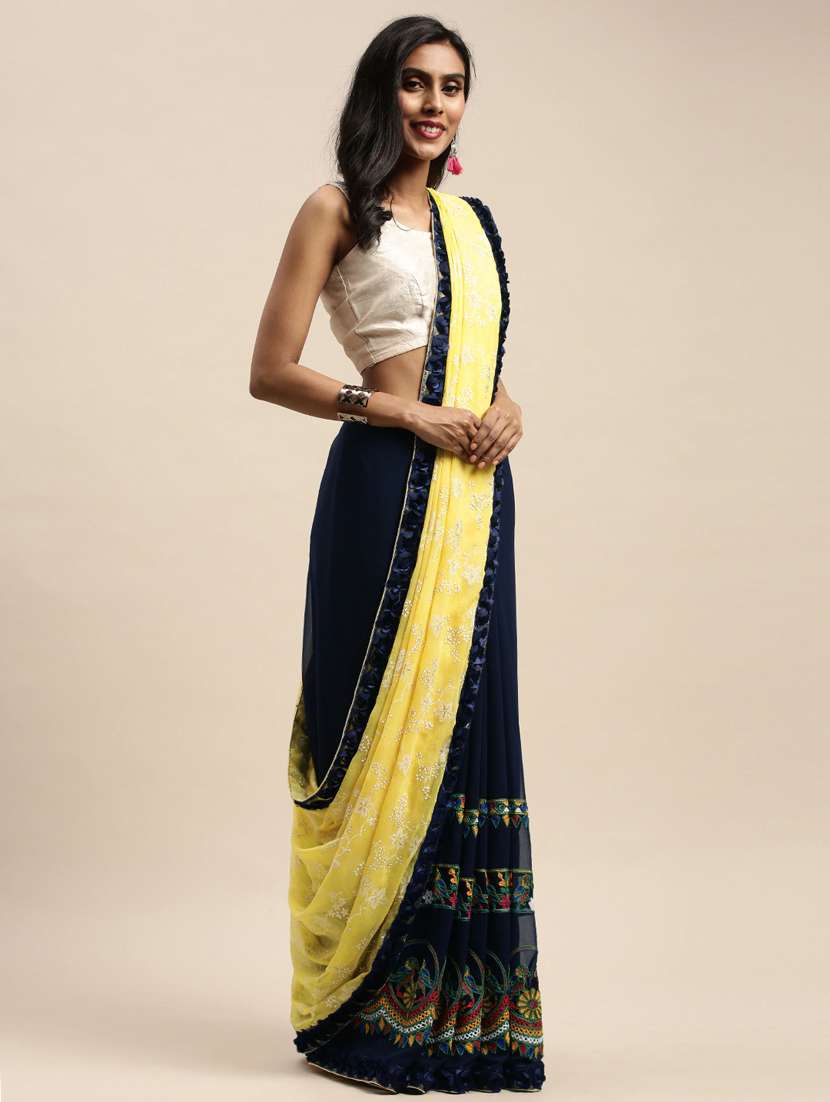 yellow embroidered half and half saree with blouse