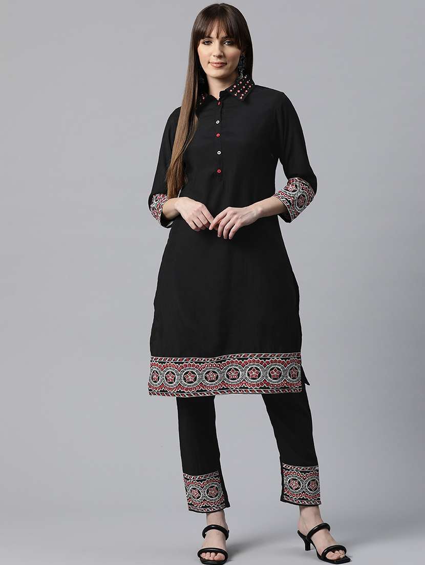 women black embroidered three quarter sleeve kurta pant set - 20831182 -  Zoom Image - 0