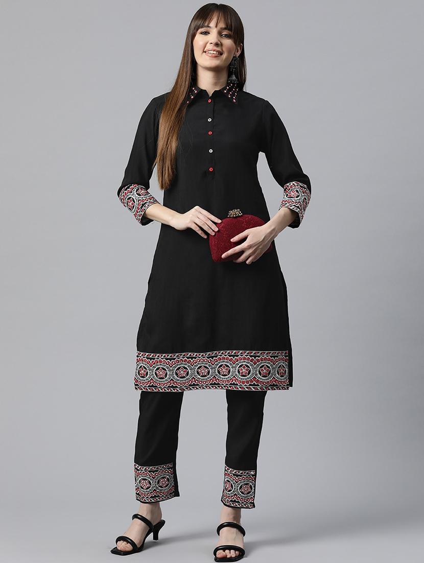 women black embroidered three quarter sleeve kurta pant set - 20831182 -  Standard Image - 1