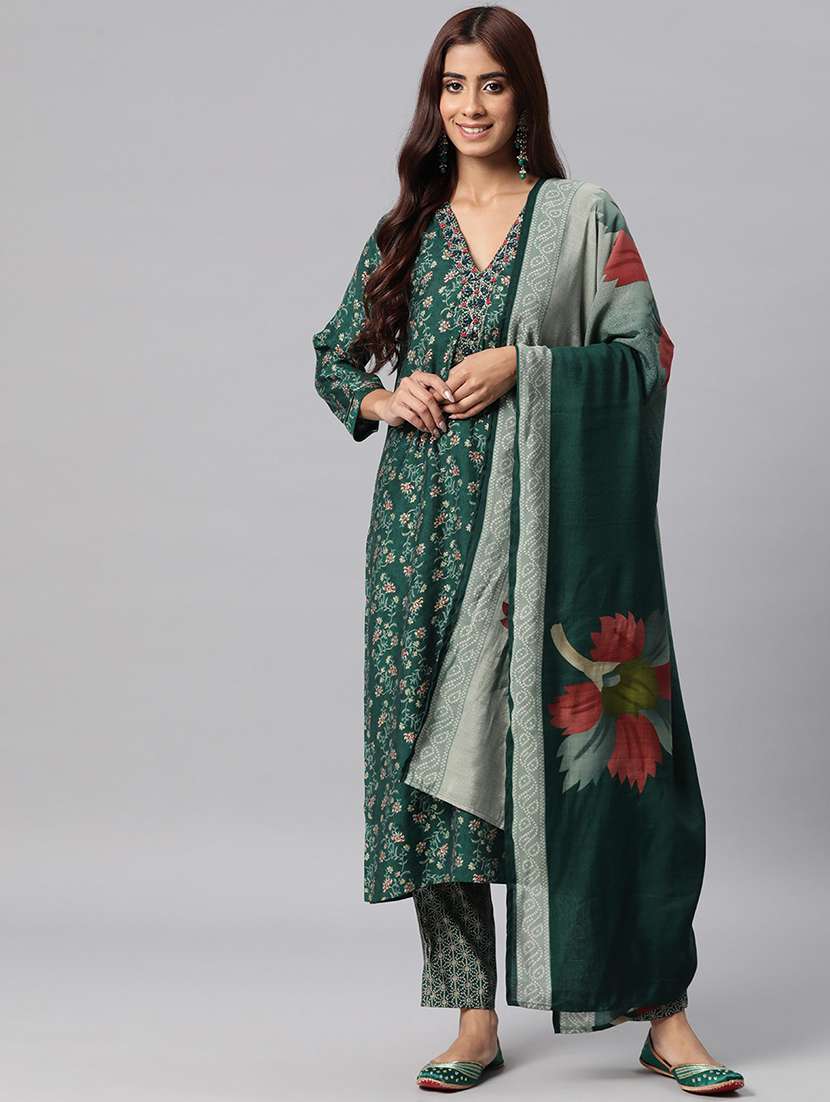 women three quarter sleeve kurta pant with dupatta set