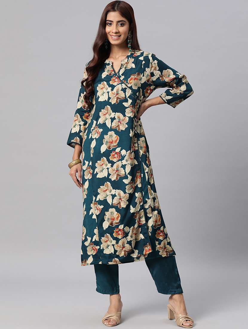 women teal floral long sleeve kurta pant set