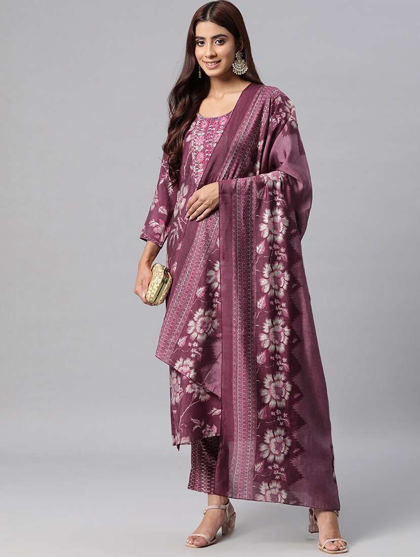 women mauve floral printed kurta pant set with dupatta - 20831213 -  Standard Image - 1