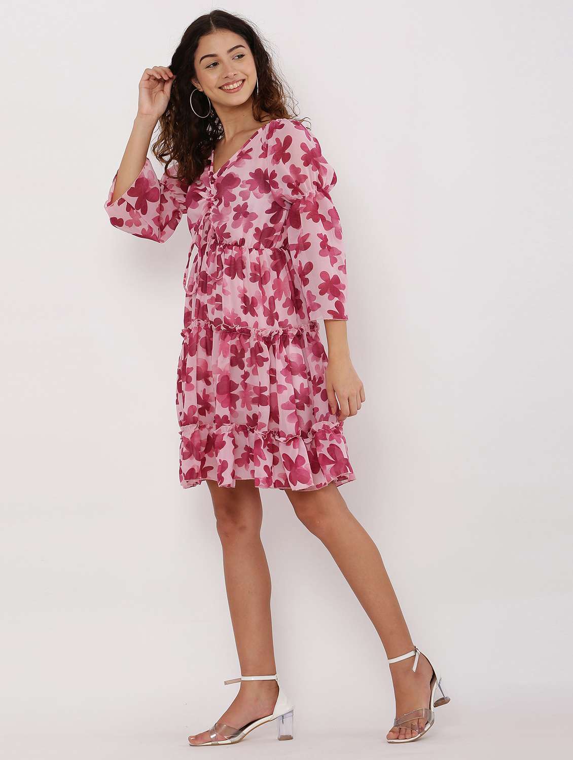 women pink floral printed fit & flare dress - 20832202 -  Standard Image - 1
