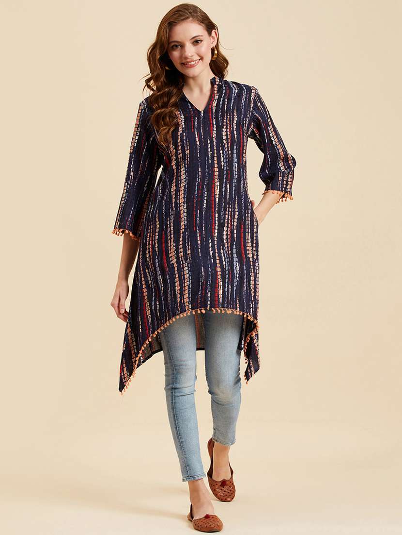 women blue printed asymmetric kurta