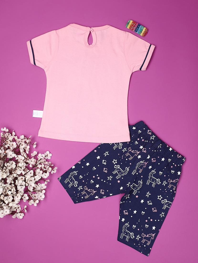 kids pink cotton 3/4th twin set - 20836666 - Standard Image - 1