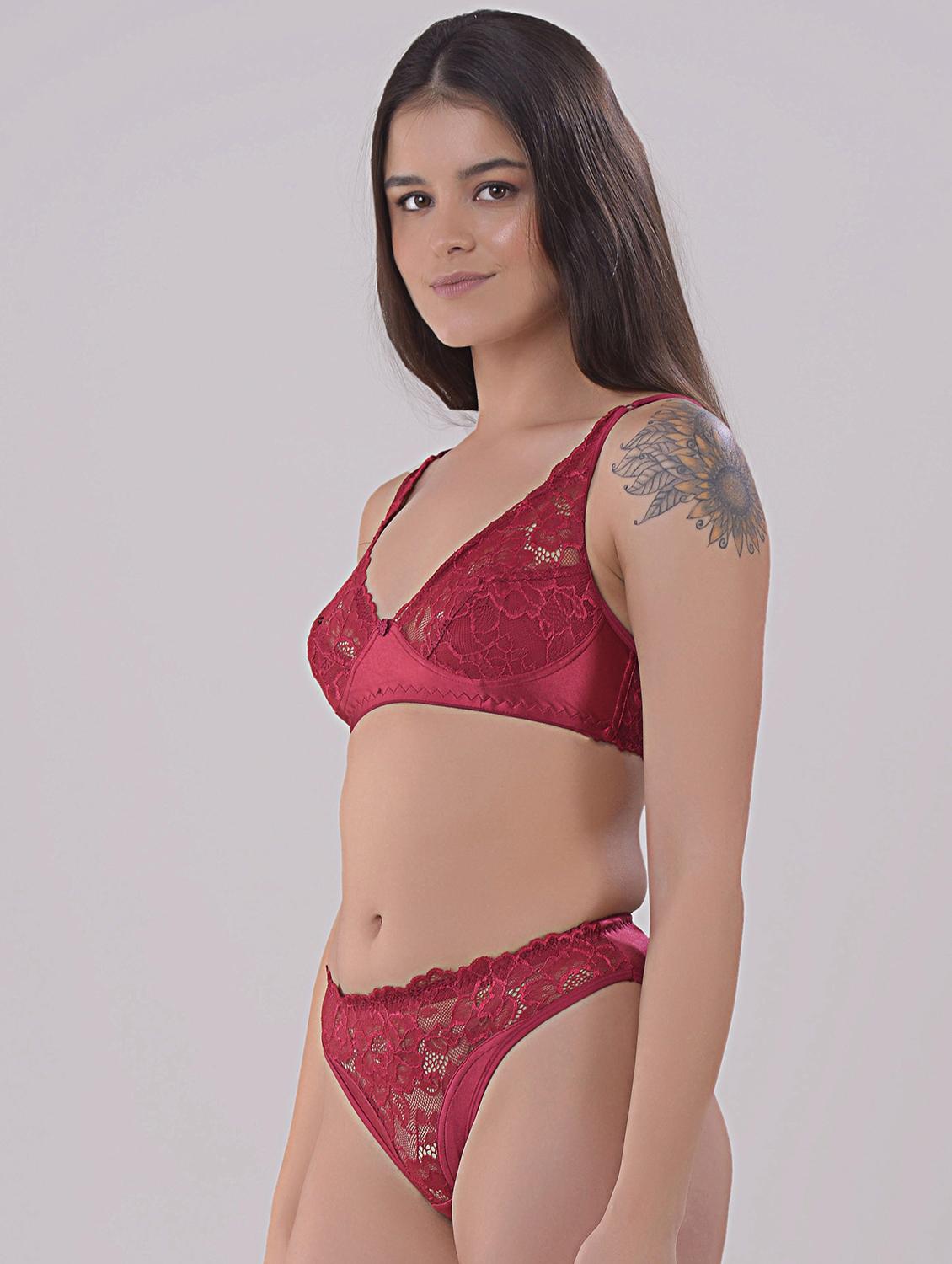 maroon lycra blend bras and panty set - 20837431 -  Standard Image - 1