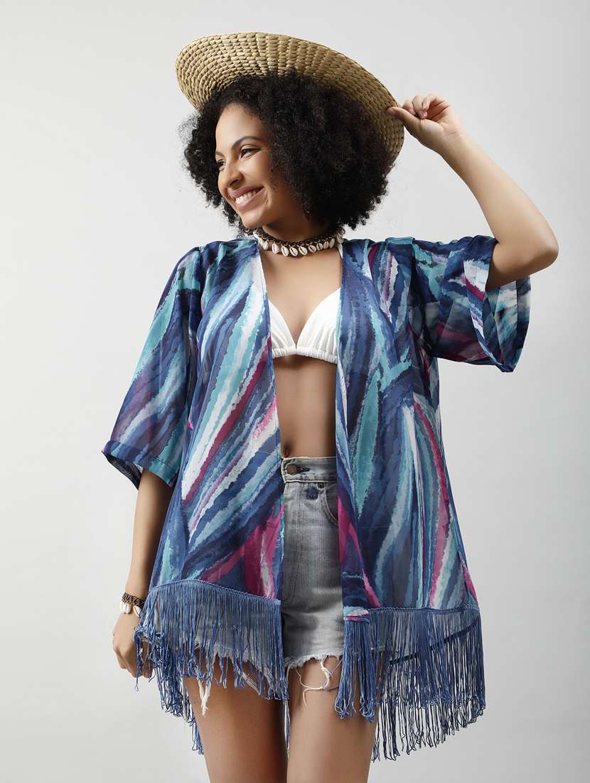 women blue printed regular shrug - 20837655 - Standard Image - 1
