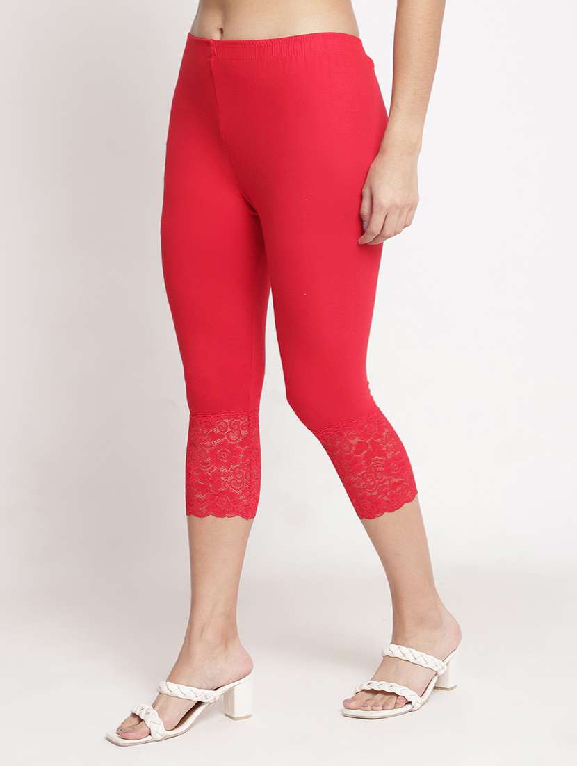 solid red cotton lycra detailed capri - 20838226 -  Standard Image - 1