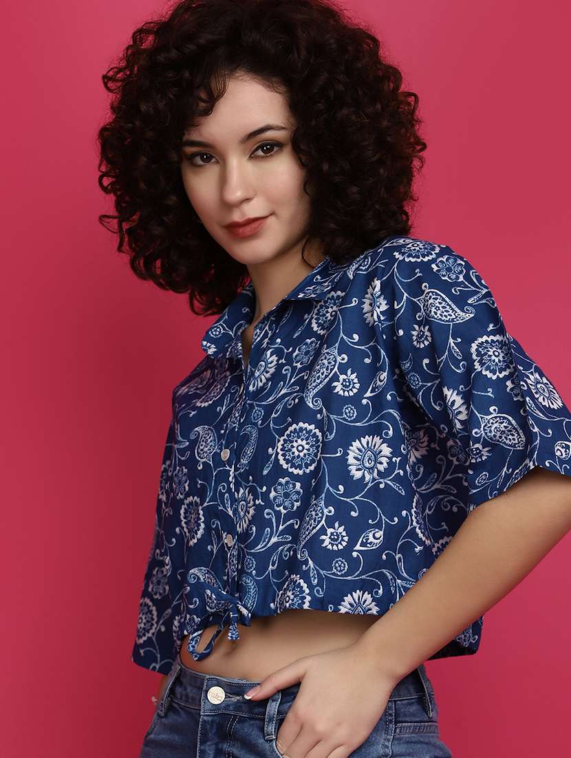 women blue cotton regular top - 20839397 -  Standard Image - 1