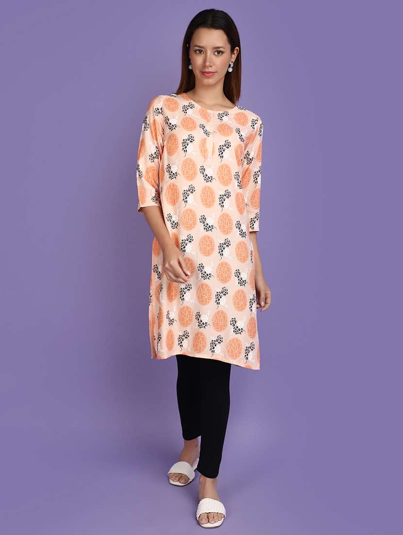 women peach round neck straight kurta