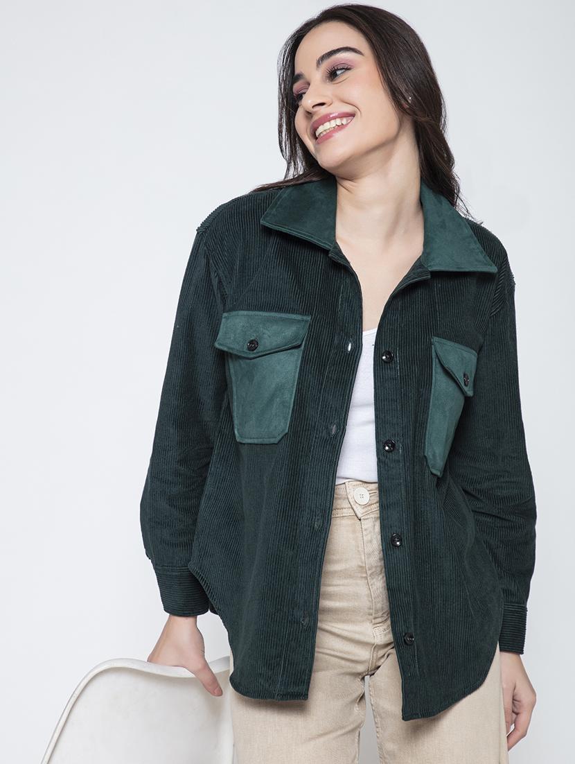 women bottle green cotton corduroy shacket - 20840451 -  Standard Image - 1