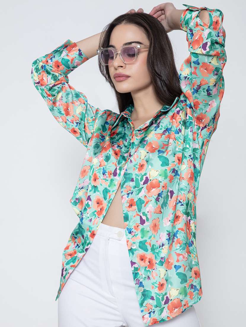 green floral satin oversized shirt - 20840457 - Standard Image - 1